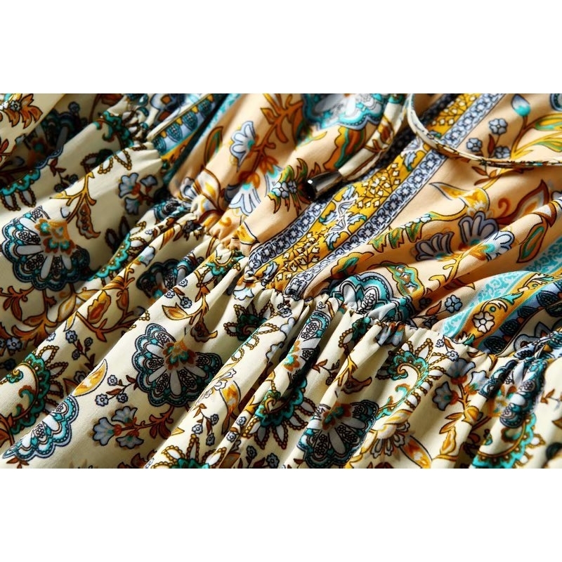 Vintage chic women bohemian floral printed V-neck lace-up blouse shirts long sleeve tassel Boho shirts rayon blusas T200321