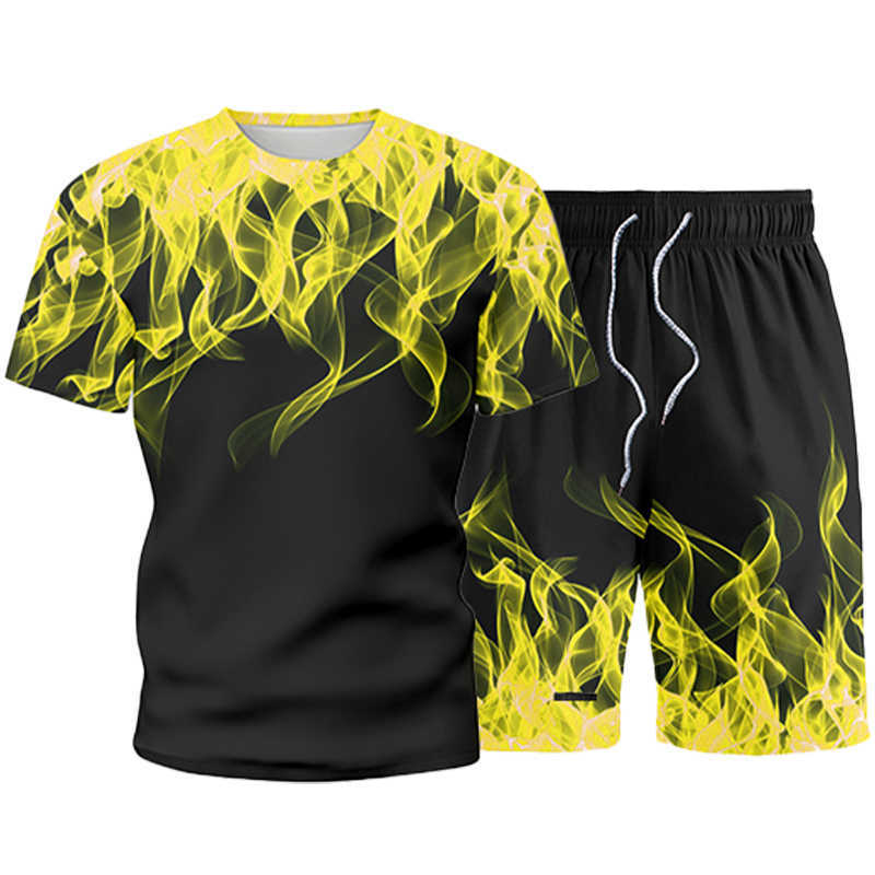 Men's Sets Summer Flame Print Men Tracksuit Casual Short Sleeve T-shirt+Shorts Two Piece Fashion Sportswear Male Sports Suit 210603