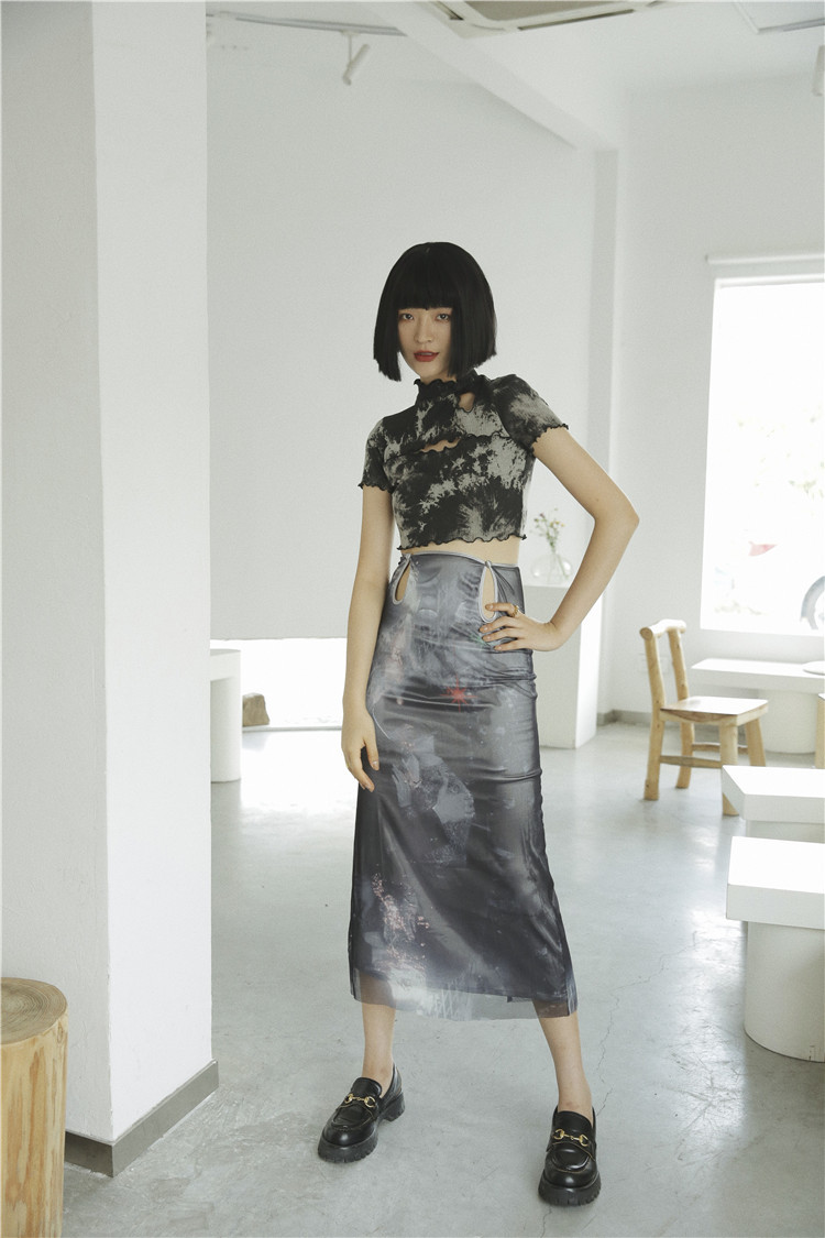 CHEERART Vintage Hollow Out High Waist Pencil Skirt Summer Print Layer Mesh Long Midi Skirt Grey Bodycon Ladies Skirt 210306
