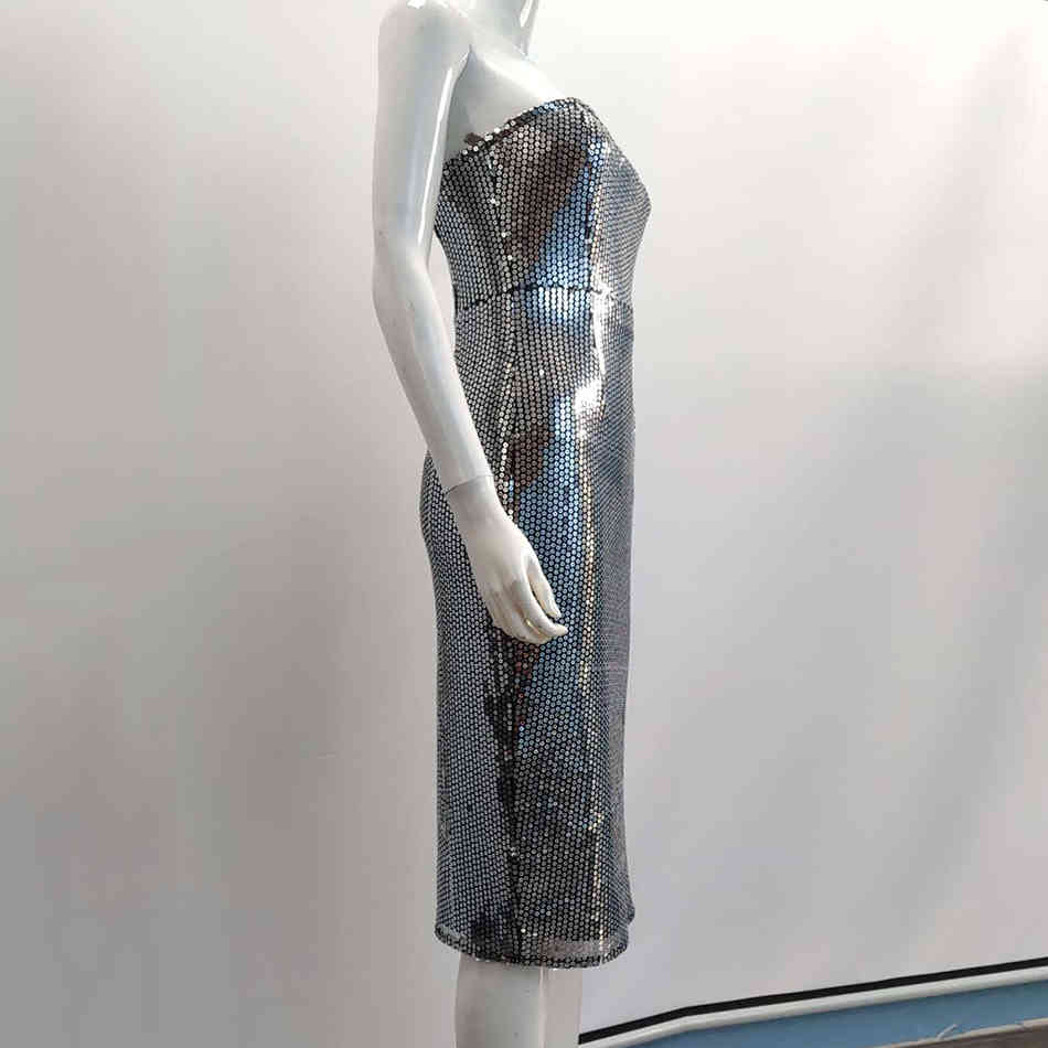 Women'S High Quality Silver Sexy Sequins Open Back Tight Mid-Length Dress Elegant Celebrity Party 210525