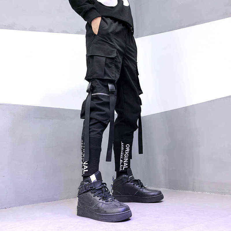 Japanese Fashion Sweatpants Streetwear Cargo Pants for Men Ribbon Pockets Joggers Techwear Men's Trousers Hip Hop 211112