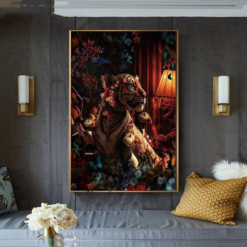 Black Golden Lion Tiger Parrot Among Flowers Luxurious Animal Poster Modern Art Canvas Painting for Living Room Wall Decoration