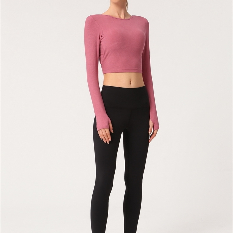 XHERR Women Back Straps Gym Yoga Crop Tops Yoga Shirts Long Sleeve TShirts Rip Stretch Fabric Workout Tops Fitness Yoga Tee T200401