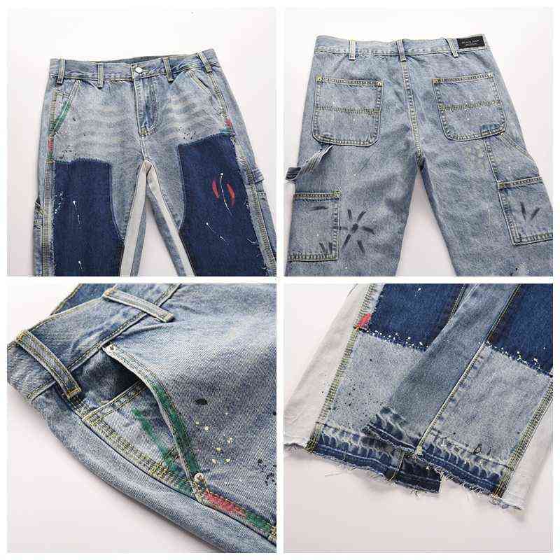 Distressed Splash Ink Flare Jeans Urban Streetwear Patch Mens Graffiti Flared Jeans Hip Hop Washed Blue Slim Fit Denim Pants Men 211120