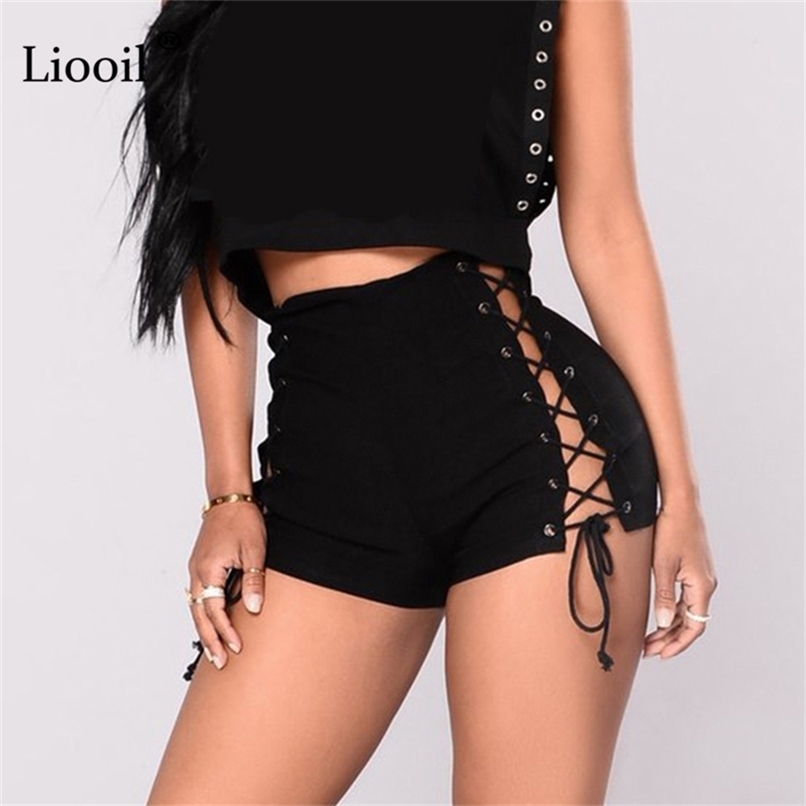 Liooil Sexy Bandage Jeans Shorts Women Rave Clothes Streetwear Hollow Out High Waist Jean Short Black Bodycon Denim 210714