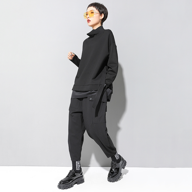 [EAM] Loose Fit Asymmetrical Oversized Sweatshirt New High Collar Long Sleeve Women Big Size Fashion Spring Autumn 19A-a124 201102