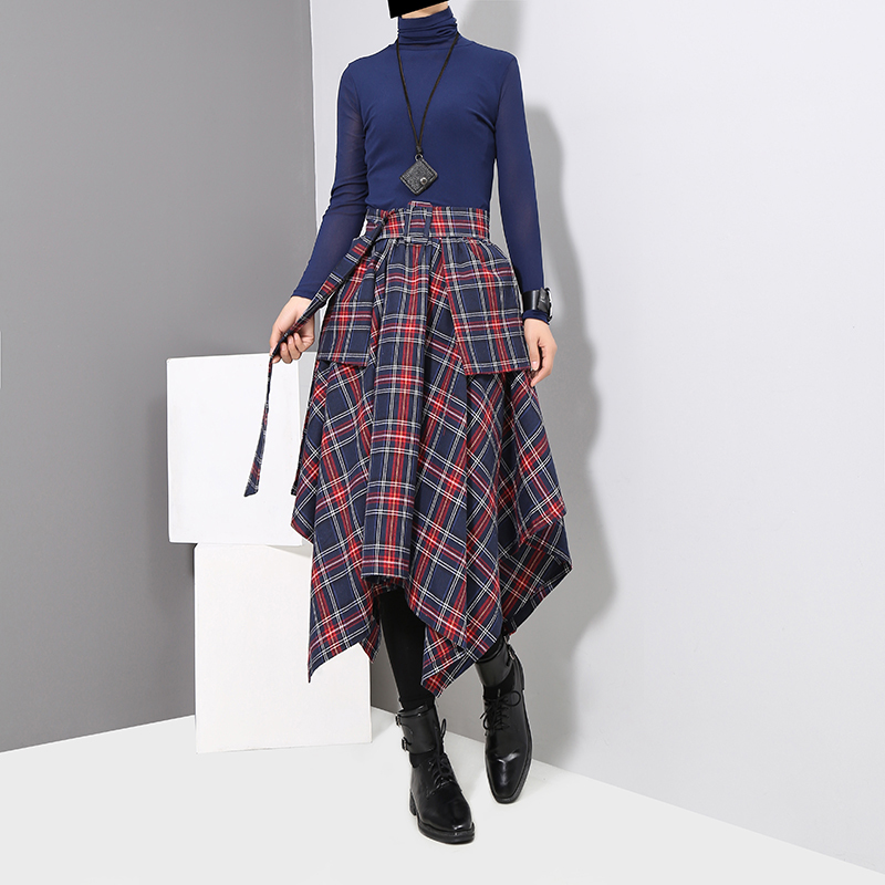 Korean Style Woman Red Plaid Asymmetrical Skirt Sashes High Waist Midi Belted Ladies Casual Unique Irregular Checker Skirt 3027 210306