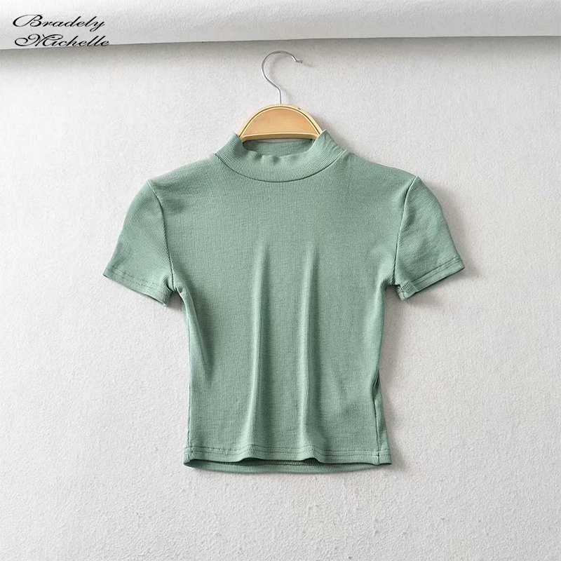 Bradely Michelle Fashion Casual Summer Woman Slim Fit t-shirt tight Cotton Short-Sleeve Turtleneck tee Crop Tops 210302