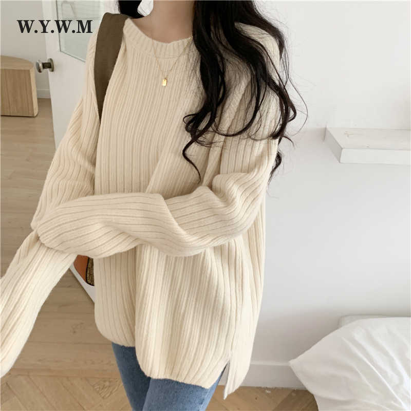 WYWM Mid-length Knitted Fashion Sweater Women Autumn Loose Basic Vertical Stripes Pullovers Ladies Korean Bottoming Jumper 211011Z