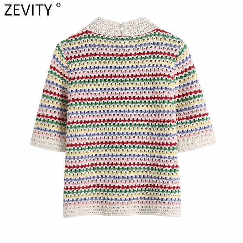 Zevity Women Stand Collar Rainbow Striped Casual Jacquard Knitting Sweater Female Chic Short Sleeve Pullovers Hollow Tops SW804 210918