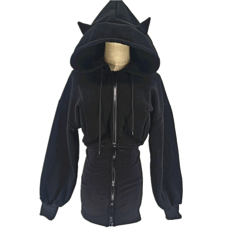 Kawaii Hoodie Harajuku Long Sweatshirt Women Black Punk Gothic Hoodies Hoody Ladies Zipup Autumn Cute Ear Cat Hoodies 200924