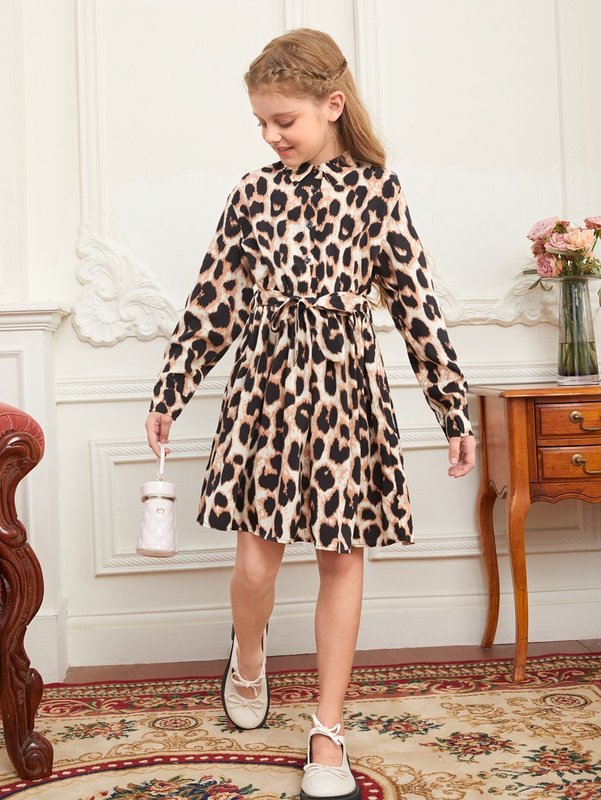 Girls Leopard Print Button Front Belted Ruffle Hem Dress SHE