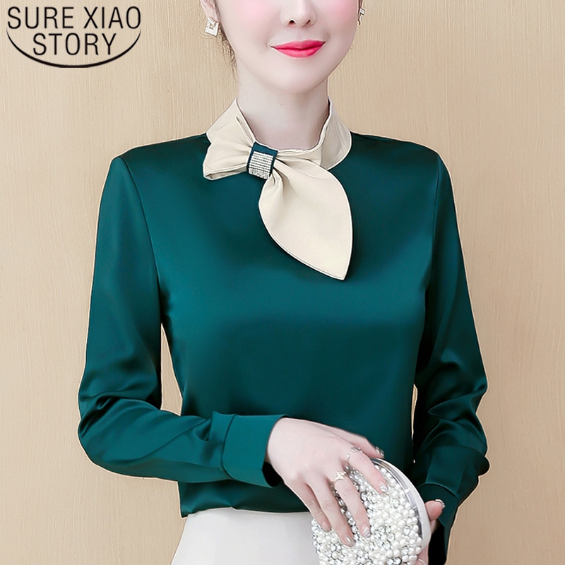 Spring New Women Simulation Silk Long Sleeve Chiffon Blouse Elegant Satin Bow Metal Buckled Temperament Women Shirt Blusas 8109 210225