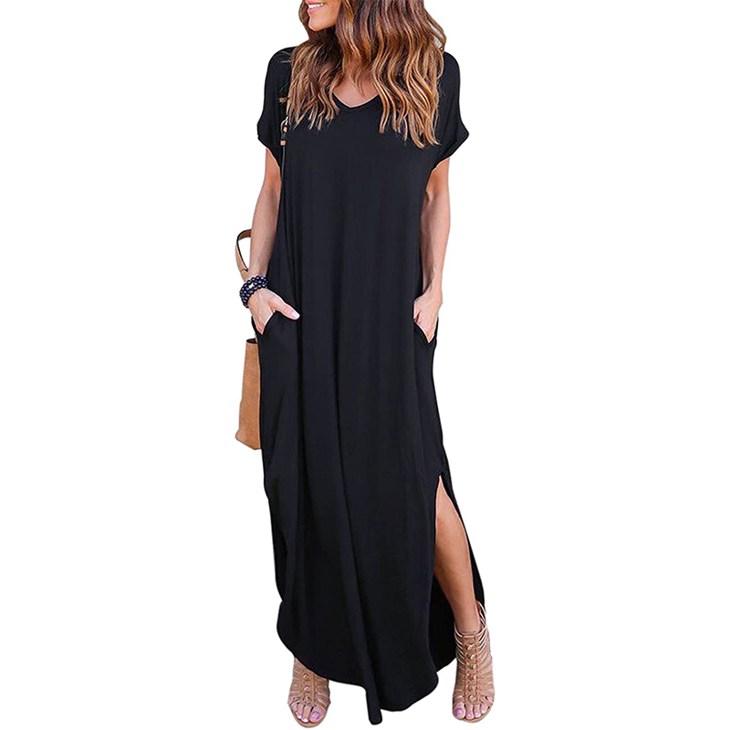 Women Summer Maxi Dresses Casual Loose Pockets Long Dress Short Sleeve Split Plus Size S-5XL
