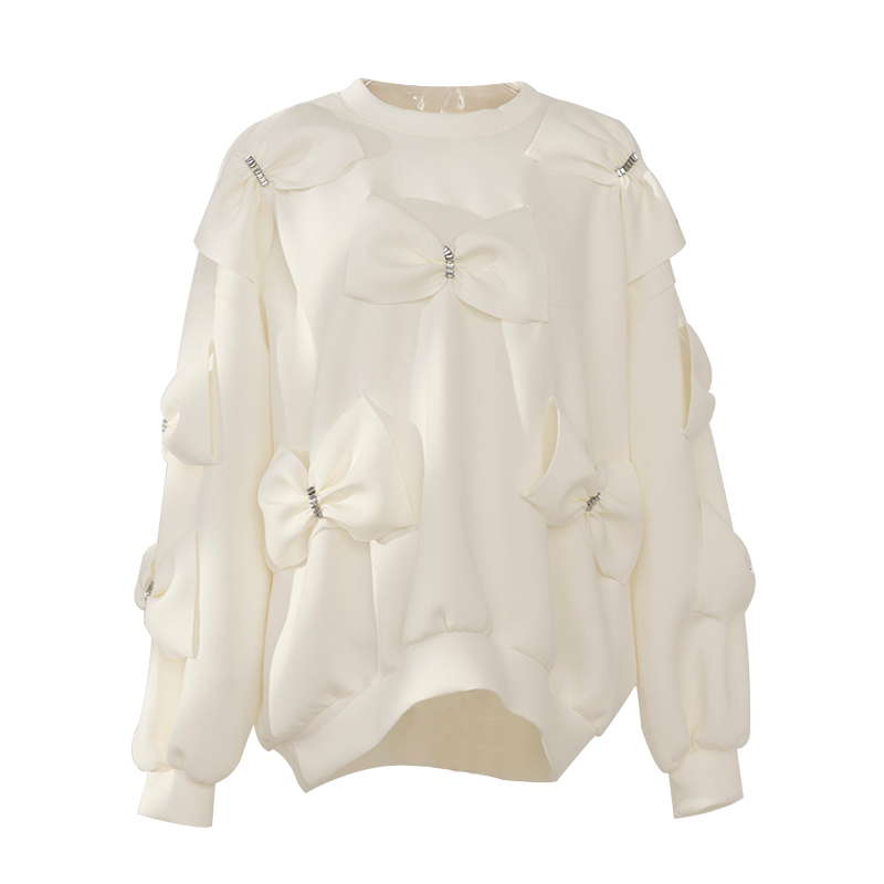 DEAT Autumn New Arrivals Long Sleeve O Neck Diamonds Bow Decoration Cotton Sweatshirt Women Pullovers MK710 201211