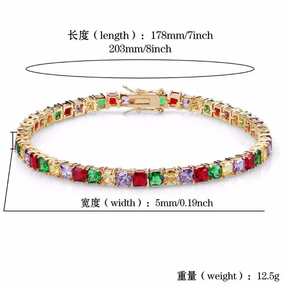 new fashion Hip hop bling iced out Jewelry Mixed Color Cubic Zircon Bracelet Bling Iced Out 1 Row AAA CZ Stone Men's Copper Tennis Chain Free Sen