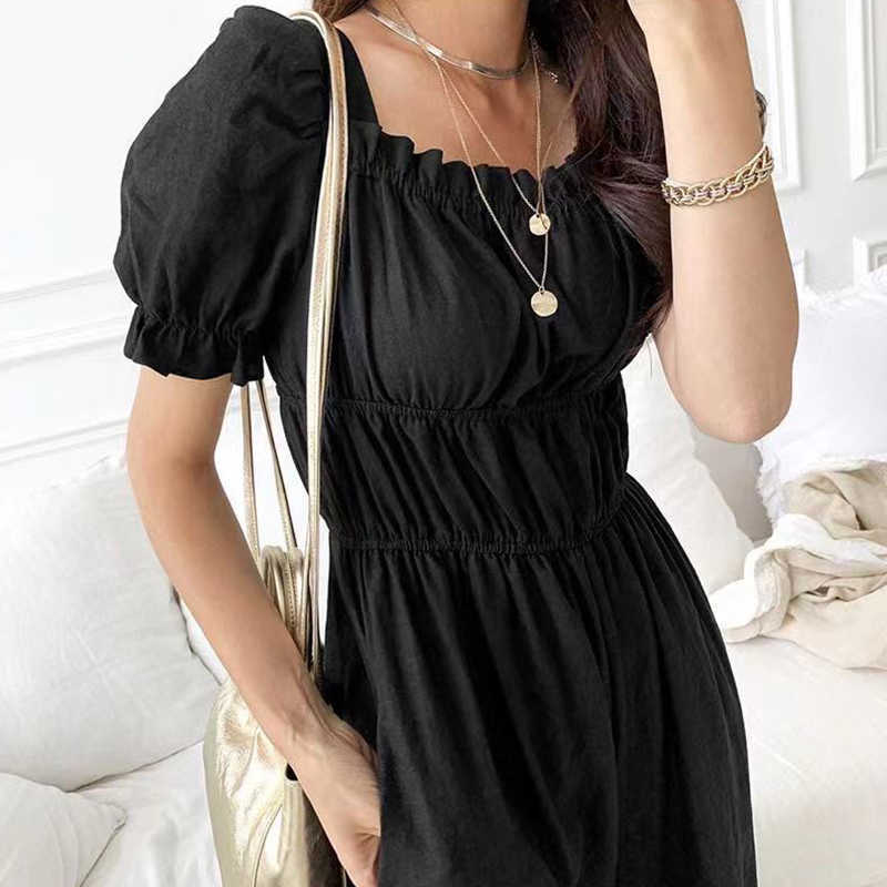 Korejpaa Women Jumpsuits Summer Korean Chic Elegant Temperament Wood Ear Stitching Pleated Puff Sleeve Wide-Leg Jumpsuit 210526