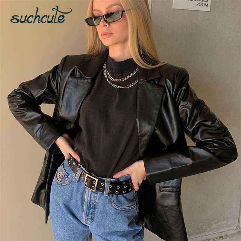 SUCHCUTE PU women leather jacket autumn coat streetwear black women Jacket esthetic gothic vintage 90s outfits Outwear Lady 211130