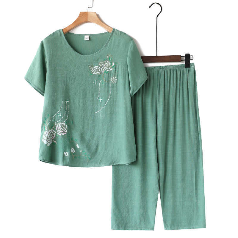 Home Mom Nightie Linen Cotton Female Colorful Set Of Two Fashion Pieces Short Sleeve Casual Brief Loose Women Pajama Big Size 210924