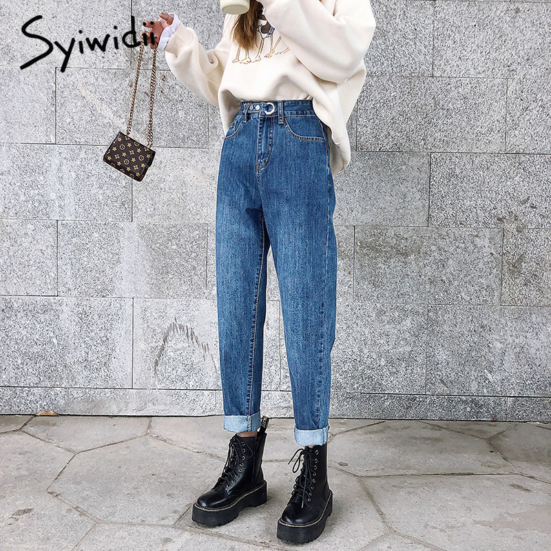Gray high waist Mom jeans woman plus size boyfriend jeans for women denim pants Washed blue Harem Pants 0 spring summer 210302