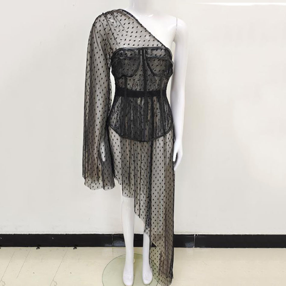 Summer Ladies Nne-Shoulder Polka Dot Lace Perspective Stitching Bat Sleeve Asymmetric Sexy Star Dress Vestidos 210525