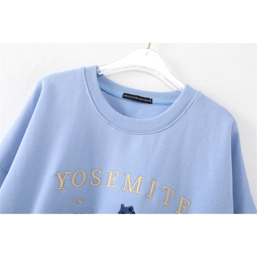 Oversize girls embroidery blue sweatshirts autumn fashion ladies elegant loose pullovers female cute sweatshirt women chic 201211