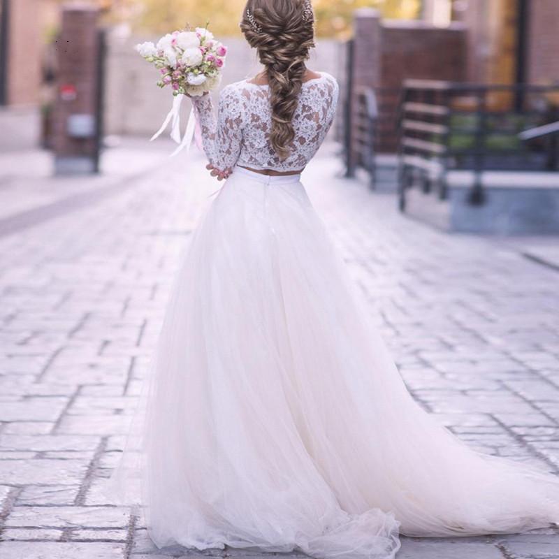 Dresses Lace Sleeves Long Two Piece 2021 Tulle Scalloped Necke or Length Country Beach Wedding Bridal Gown Vestido De Novia
