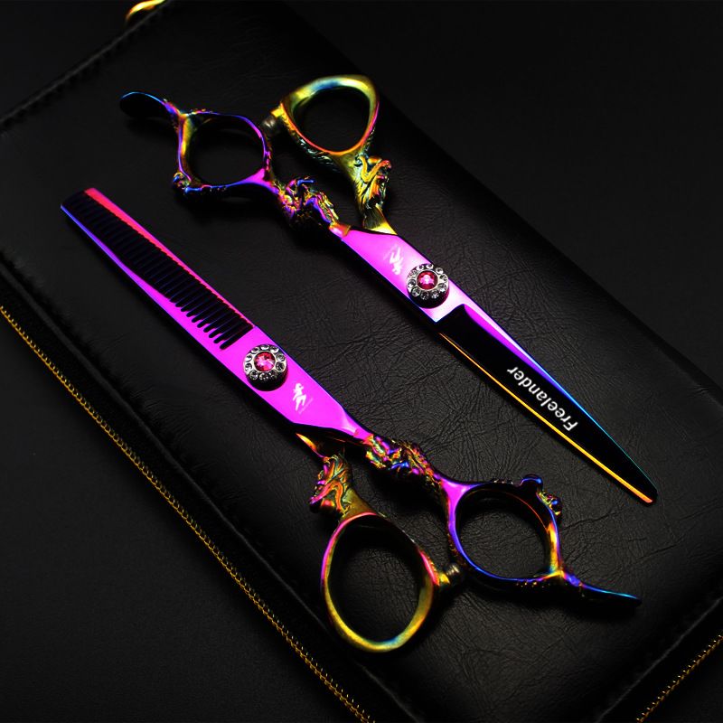 FREELANDER 6.0 inch purple hair scissors cutting / thinning scissors with comb scraper leather case barber scissors