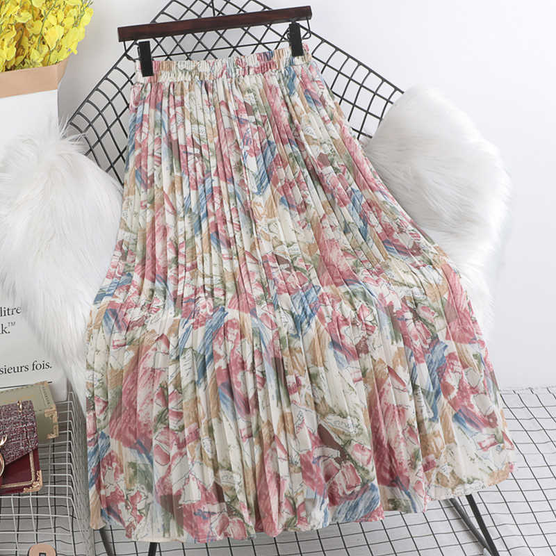 TIGENA Summer Chiffon Maxi Skirt Women Beautiful Floral Print Aesthetic A Line High Waist Pleated Long Female Lady 210621