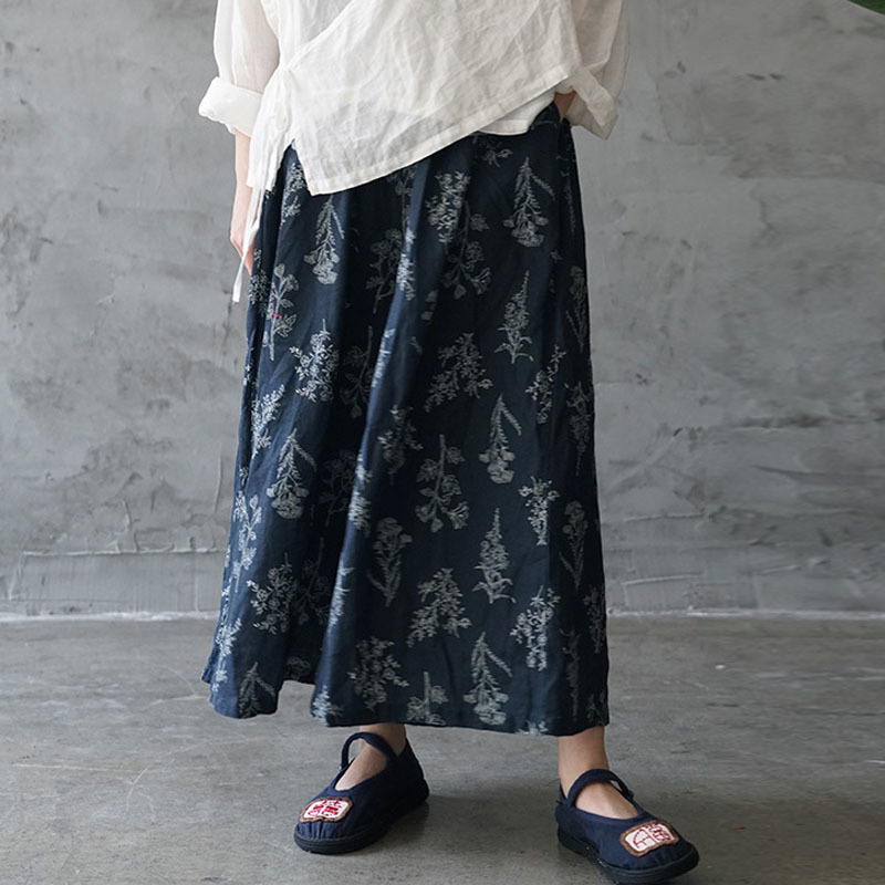 Johnature Summer Retro Floral Print Elastic Waist Cotton Linen Wide Leg Pants New Loose Comfortable Allmatch Women Pants 201012