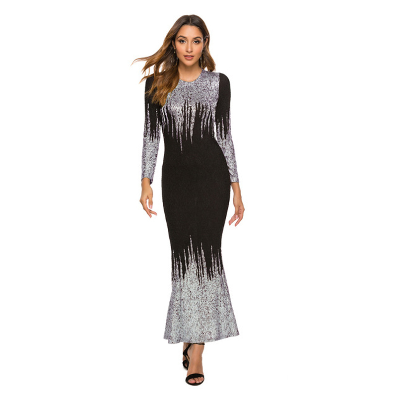 Autumn Winter Dress Women Elegant Gold Foil Slim Long Dress Fashion Bronzing Foam Long Sleeve ONeck Dresses Female High Quality 201008