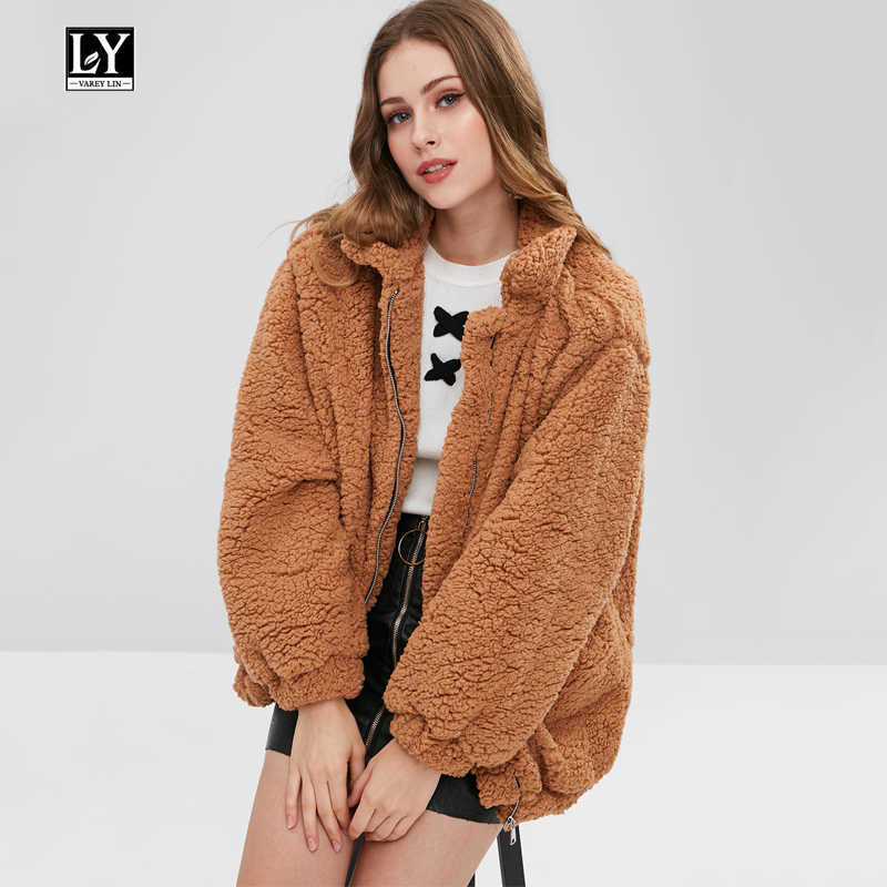 

Ly Varey Lin Lapel Sweatshirt Fleece Fur Coat Women Warm Winter Soft Thick Plush Zipper Short Overcoat Loose Plus Size Outerwear 210526, Khaki