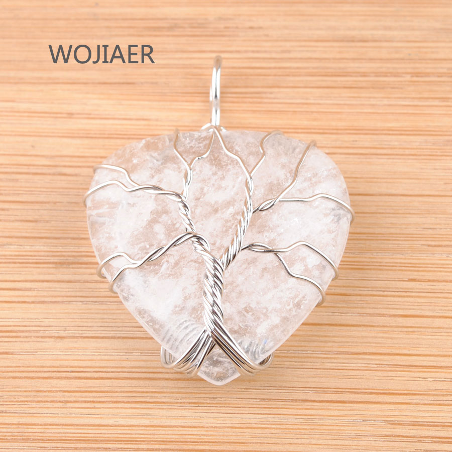 WOJIAER Silver Tree of Life Wire Wrap Water Bead Pendant Natural Golden Sand Pink Quartz Gem Stone Heart Jewelry BN362