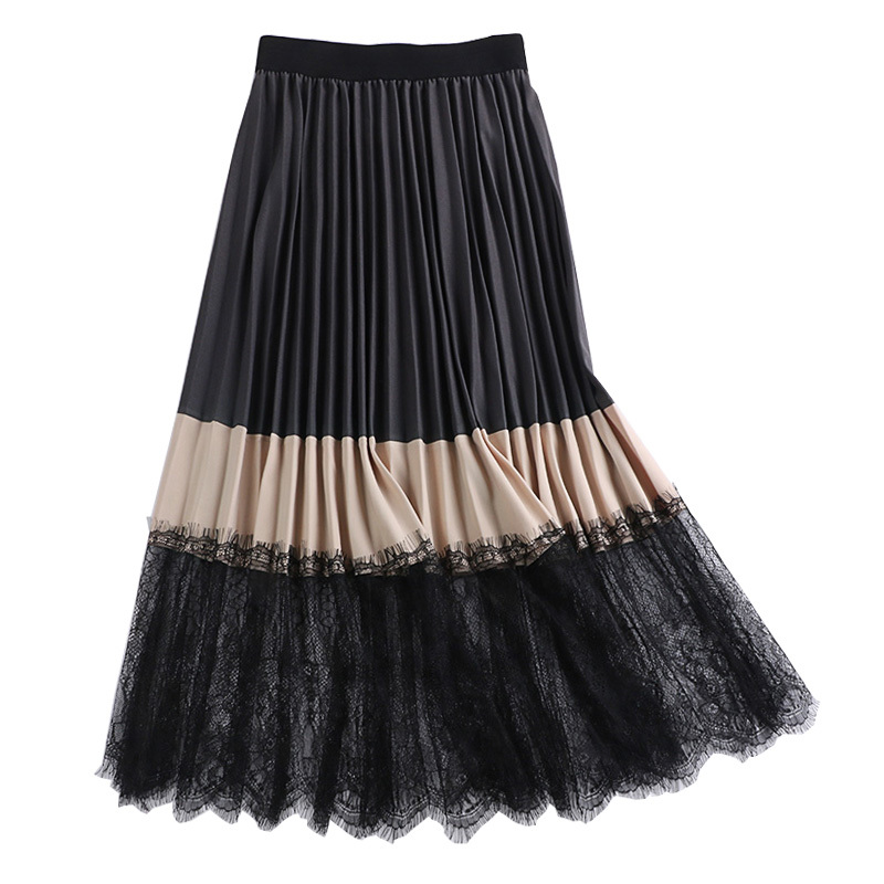 Spring Autumn Elegant Patchwork Lace Skirt Women Vintage Panelled Striped High Waist Skirts Slim Pleated Party Skirts Mw870 210306