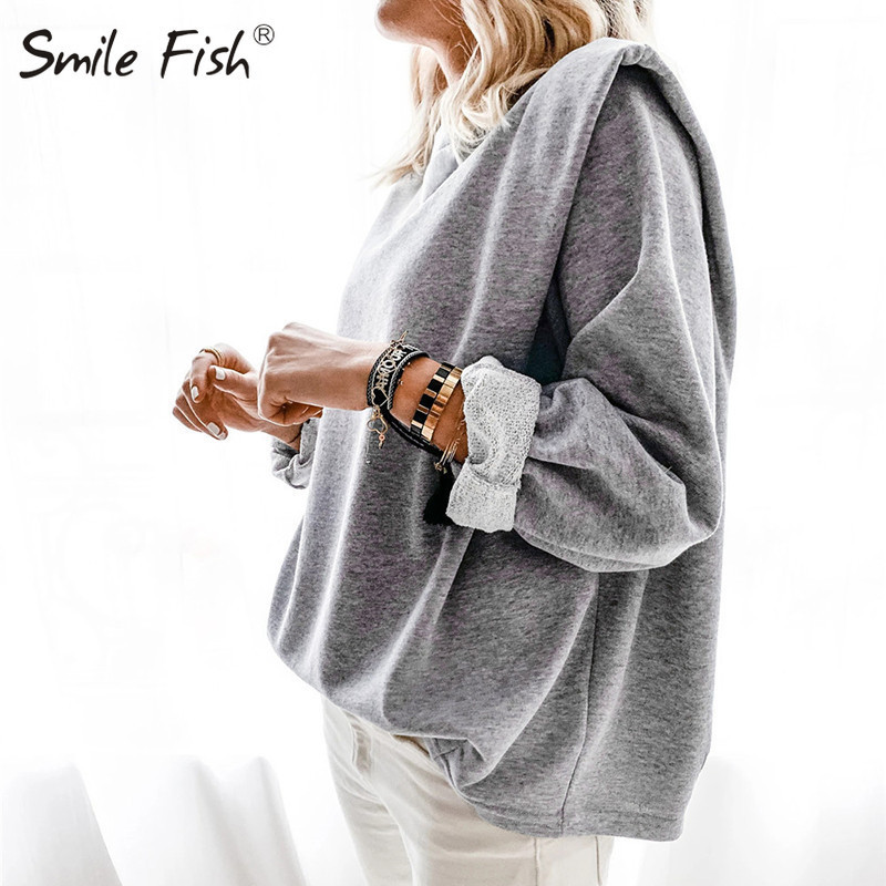 Gray Autumn Long Sleeve with Shoulder Pad Sweatshirts Casual Solid Women Hoodies O-neck Loose Winter Fashion Pullover Tops G1833 201113
