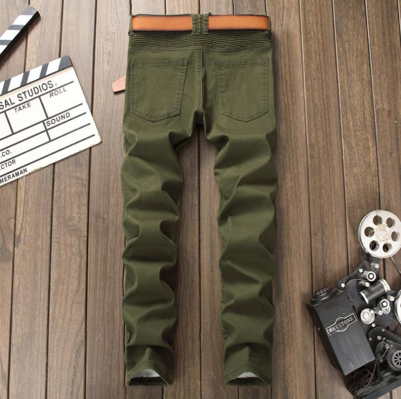 Men's Jeans Biker Army Green Skinny Slim Fit Patchwork Stretch Denim Moto Pants #7119-2