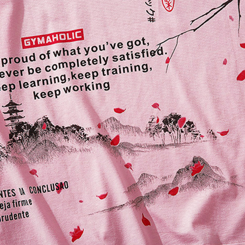Men Hip Hop T Shirt Streetwear Japanese Sakura Painting Tshirt Short Sleeve Cotton Summer Harajuku T-Shirt Japan Style Pink 210225
