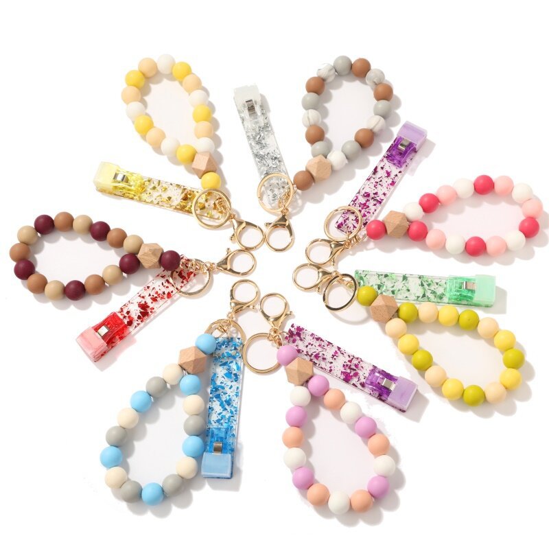 Fashion Girls Women Jewelry Bracelet Wood Chip Silicone Head Bracelet Keychain Party Favor Wristlet Tassels Handchain Keys Ring