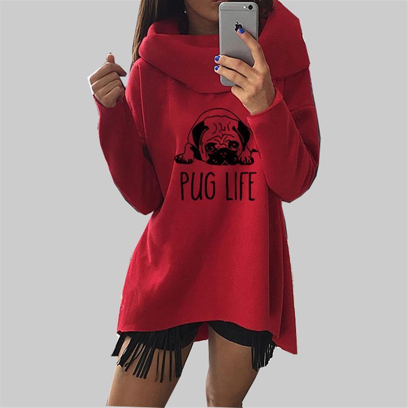 Cute Pug Dog Anime Christmas Clothes Women Winter Hoodies Scarf Collar Fashion Casual Autumn Sweatshirts Rough Pullovers 201217