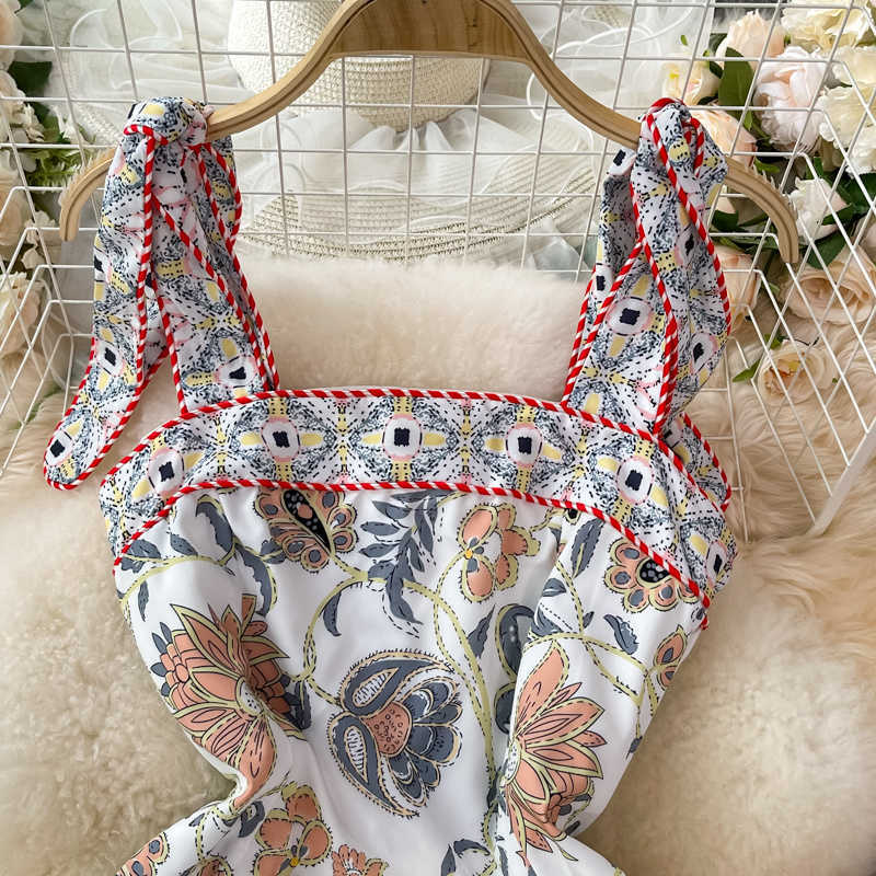 DEAT Women Printing Sling Dress Slash Neck Sleeveless Arrivals Lady Temperament Fashion Spring Summer 11D1405 210709