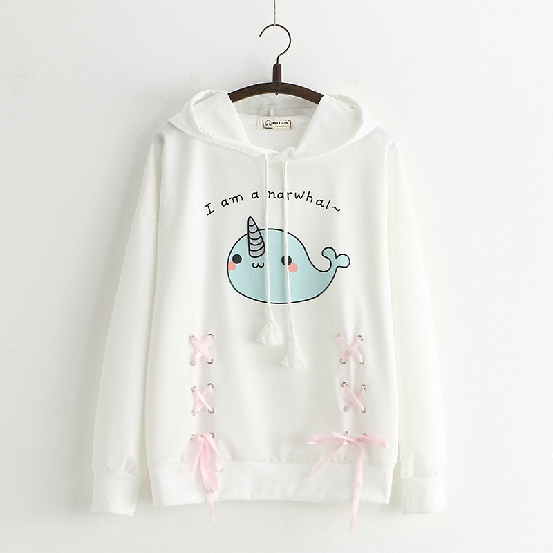 MERRY PRETTY Cartoon Unicorn Print Hooded Sweatshirts Autumn Long Sleeve Cooton Cute Pullovers Femme Lace Up Sweet Hoodies 201217