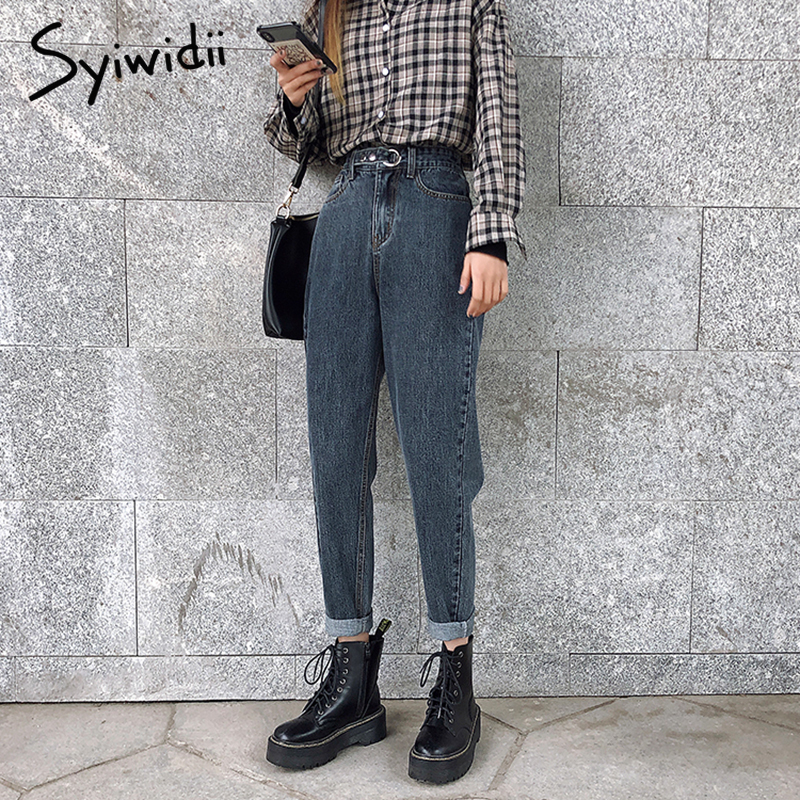 Gray high waist Mom jeans woman plus size boyfriend jeans for women denim pants Washed blue Harem Pants 0 spring summer 210302