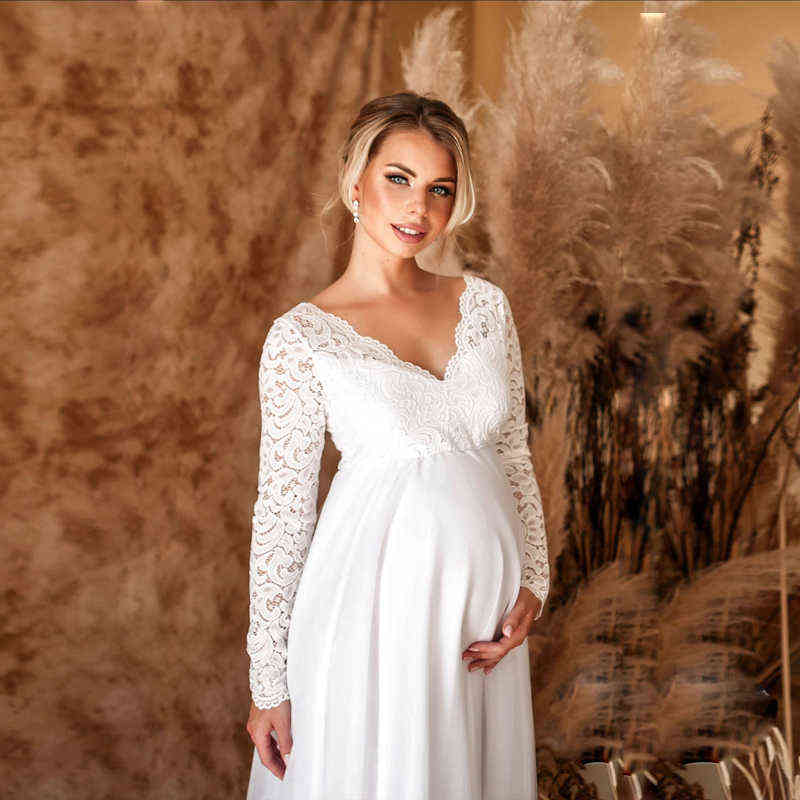 Sexy V-Neck Long Sleeve Lace Dress For Pregnant Women Casual Sexy Evening Dress White Maxi Maternity Dresses For Photo Shoot AA220309