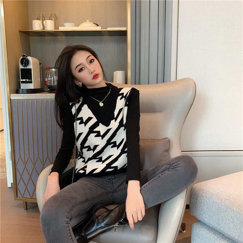 Women Knitted Sweater Vest Autumn Korean Style Vintage Geometric Houndstooth Pullover Sleeveless Waistcoat gilet pull T454 210602