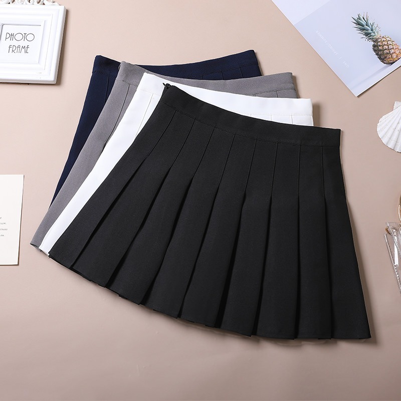 Spring Women Skirt Solid Pleated Skirts High Waisted ALine Short Skirt Sweet Cute Girl School Uniform Zipper Mini Skirt 210306