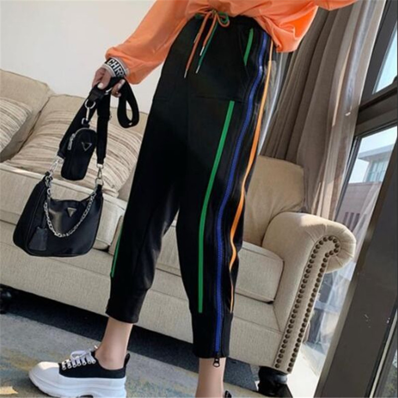 Joggers Women Elastic High Waist Harem Pants Streetwear Sweatpants for Women Casual Harajuku Rainbow Side Stripe Zipper Pants 201012