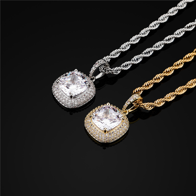 Europe and America Fashion 18K Yellow Gold Plated Big Bling Round CZ Pendant Necklace for Men Women Necklace with 3mm 24inch Rope Chain