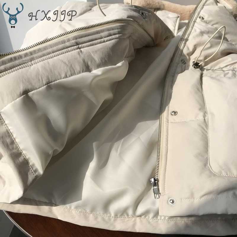 Winter Korean Down Cotton Bread Coat Thick Outerwear Women's Drawstring Waist Faux Rabbit Fur Lapel Warm Jackets Female 210819