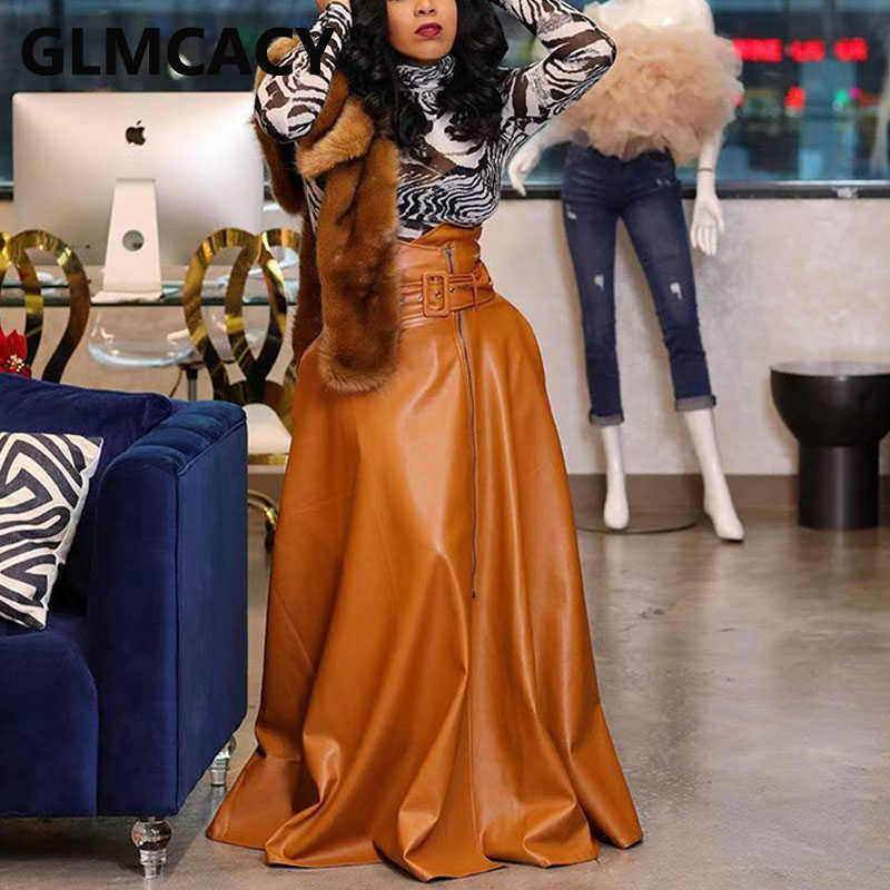 Women High Waist Buckle Belted PU Leather Skirt Elegant Party Maxi Skirts Bottoms 210621