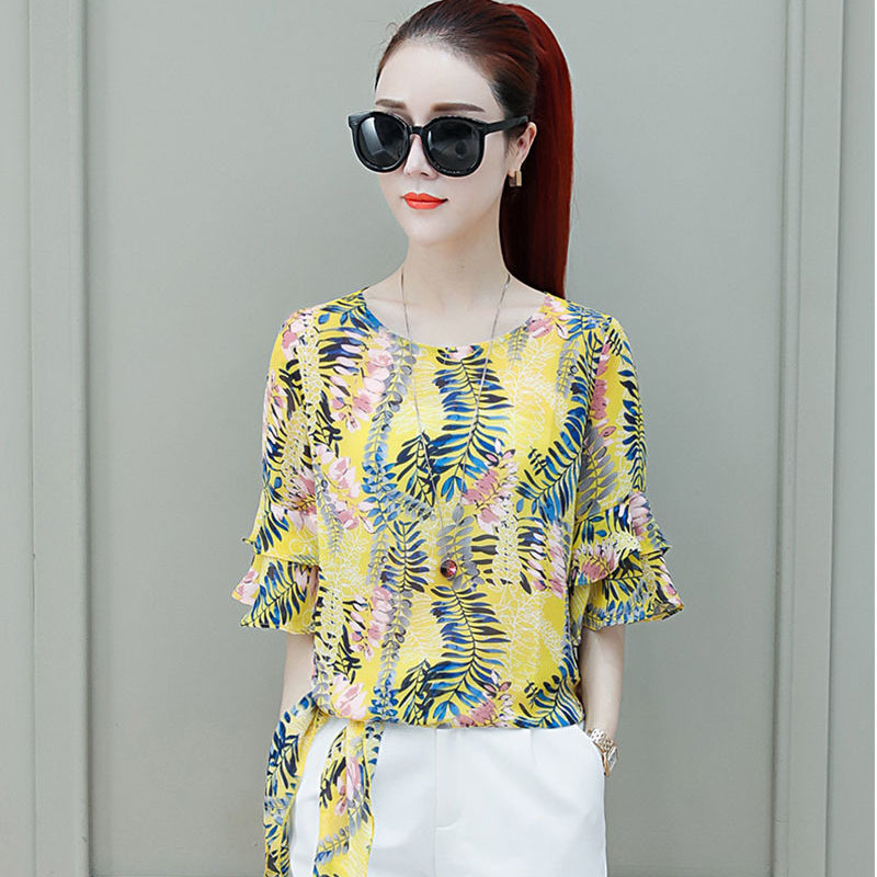 Bohemian Style Women Summer Chiffon Blouses Shirts Lady Casual Short Flare Sleeve O-Neck Blusas Tops DF2853 210225